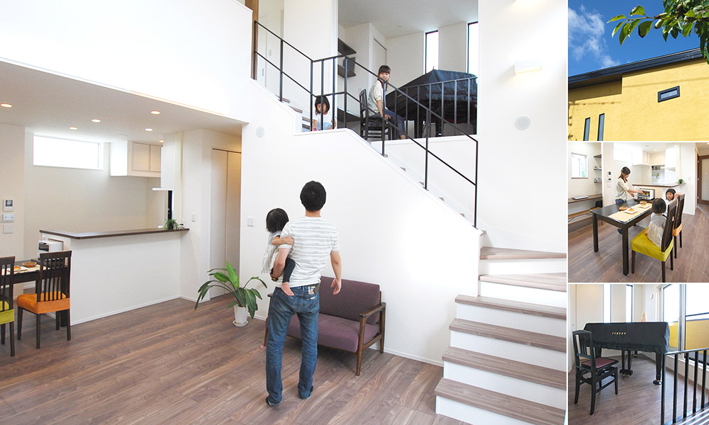 福岡市【ｋ様邸】吹抜中２階にグランドピアノがある平屋感覚・塗壁の家