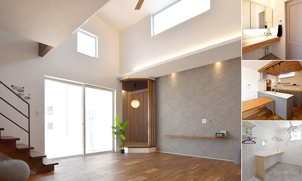 唐津市【E様邸】半吹抜けの明るく開放的なLDKと中庭のある、平屋のように暮らせる家